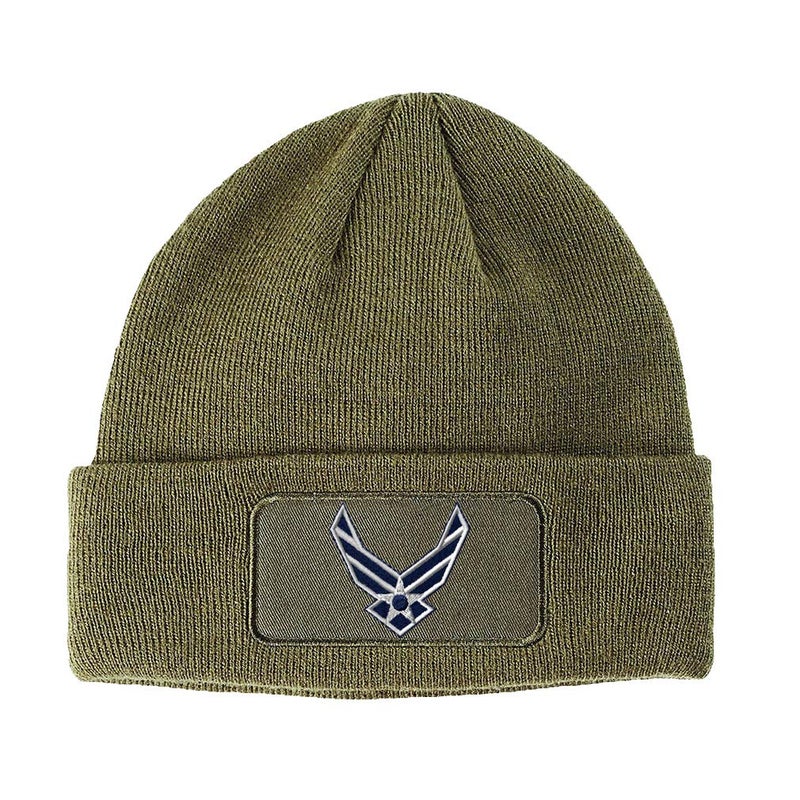 Speedy Pros Custom Patch Beanie Air Force Emblem Embroidery Acrylic Skull Cap Hats for Men & Women Olive Green Design Only - Image 1
